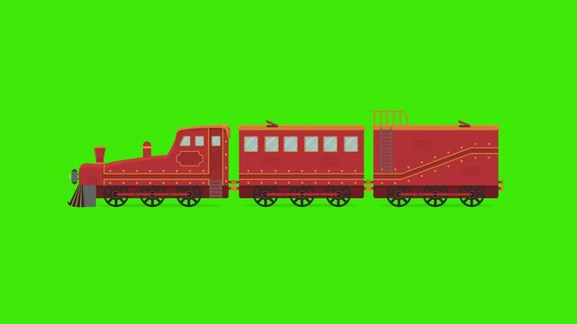 Old red color cartoon toy train engine passing with boxes 2d animation on green screen 4k motion graphic animated video