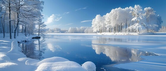 A snowy landscape with a body of water and trees