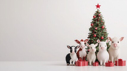 Festive scene with cute animals around a Christmas tree, featuring colorful gifts and holiday decorations.