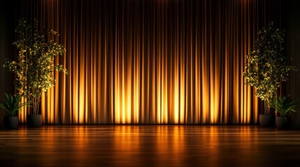 Elegant theater stage with golden curtains, warm lighting, and decorative plants, perfect for performances and events.