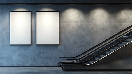 Escalator and Blank Billboard in Modern Subway Station