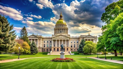 A stunning marble domed statehouse sits grandly amidst manicured lawns and verdant trees, exuding elegance and authority.