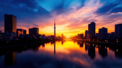 Fototapeta premium Stunning city skyline at sunset with vibrant colors reflecting on the water, showcasing modern architecture and the Tokyo Tower.