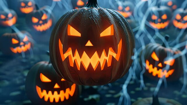 A spooky Halloween scene featuring a menacing pumpkin surrounded by glowing jack-o'-lanterns and ominous lightning effects.