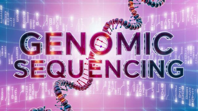 Illustration of genomic sequencing with a DNA strand and glowing data streams in the background, symbolizing genetic research, biotechnology, and advanced science