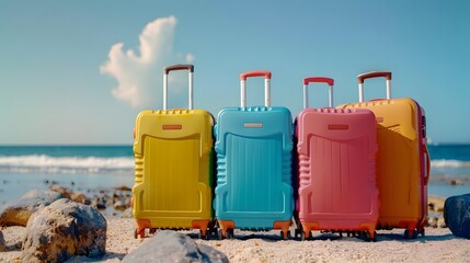 Four colorful suitcases on a sandy beach under a clear blue sky.
