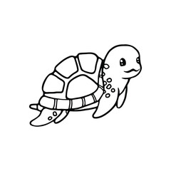A black and white line art illustration of a cute turtle
