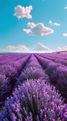 A field of lavender flowers with a blue sky in the background