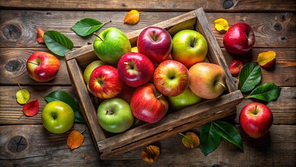 Freshly harvested apples of various hues are stacked in a wooden crate on a rustic table, radiating warmth