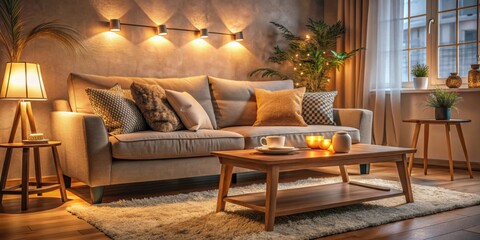 Fototapeta premium Cozy living room with a plush sofa, coffee table, and warm lighting, cozy, living room, interior, home decor, sofa