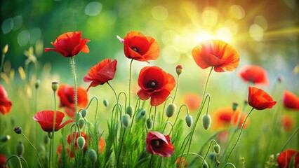 Fototapeta premium Beautiful red poppies blooming in luscious green grass , nature, flowers, vibrant, landscape, summertime