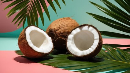 Tropical Essence: Fresh Coconuts on Palm Leaves