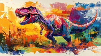 Dinosaur rendered in abstract expressionism style, using bold, dynamic brushstrokes and vivid colors to convey the powerful presence of the dinosaur.