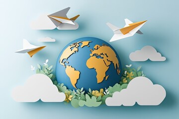 Naklejka premium Global Business Communication Concept with Paper Cut Style Globe and Airplanes