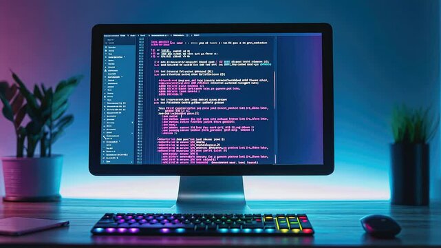 A modern workspace featuring a computer screen with code, illuminated by vibrant colors and a stylish keyboard.