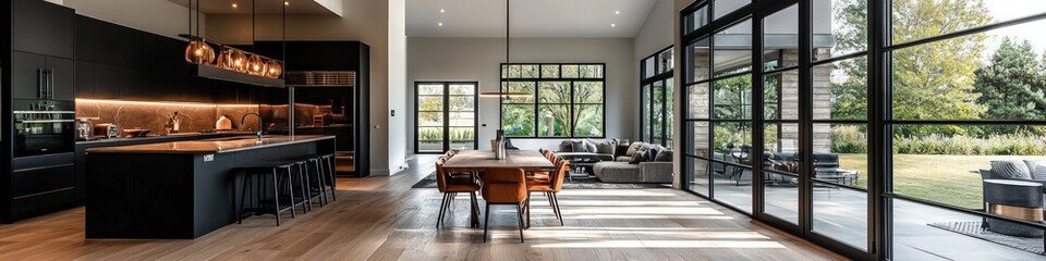 Fototapeta premium Charcoal black open plan kitchen leading to a sunlit living area with upscale decor.