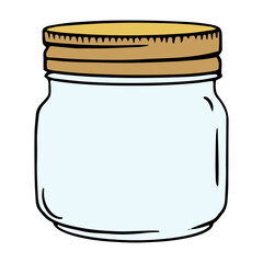 glass jar with a light blue tint and a golden lid in a cartoon style, showcasing a cylindrical shape with a wider opening at the top.