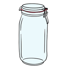 transparent glass jar with snap-on lid, metal fastener, hand drawn doodle illustration. Home container for storage of dry, bottle for menu, cookbook, recipe, poster design.