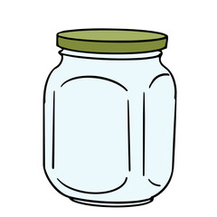 glass jar with ribs isolated on white background, hand drawn doodle illustration. Home empty container for , jam, pickled vegetables. menu, cookbook, recipe, poster design.