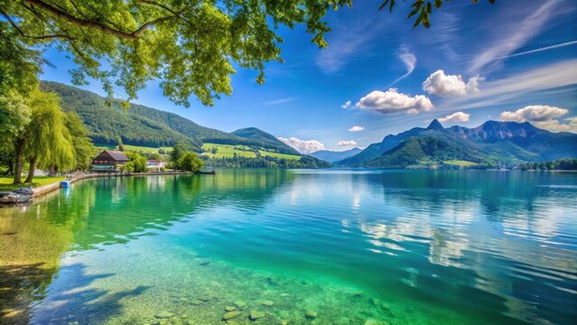 Scenic view of Attersee lake in Steinbach am Attersee, Austria during summer, Austria, Attersee, Steinbach, lake