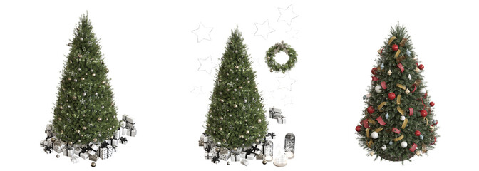 Christmas tree with decorations, set of New Year's trees, isolated on white background, 3D illustration, cg render
