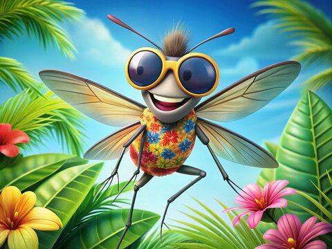 A whimsical illustration of a smiling mosquito with oversized sunglasses and a Hawaiian shirt, hovering above a tropical flower with colorful leaves and petals.
