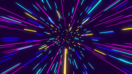 Abstract tunnel of a multicolor spectrum background. Bright rays of neon light and colorful glowing lines moving speed through the dark.