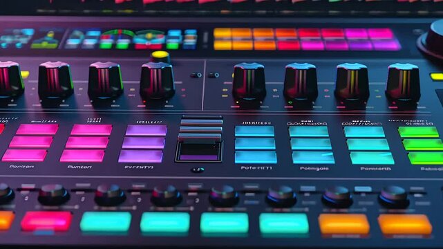 Close-up of a modern music mixer with colorful buttons and knobs