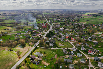 small European town in spring aerial photo