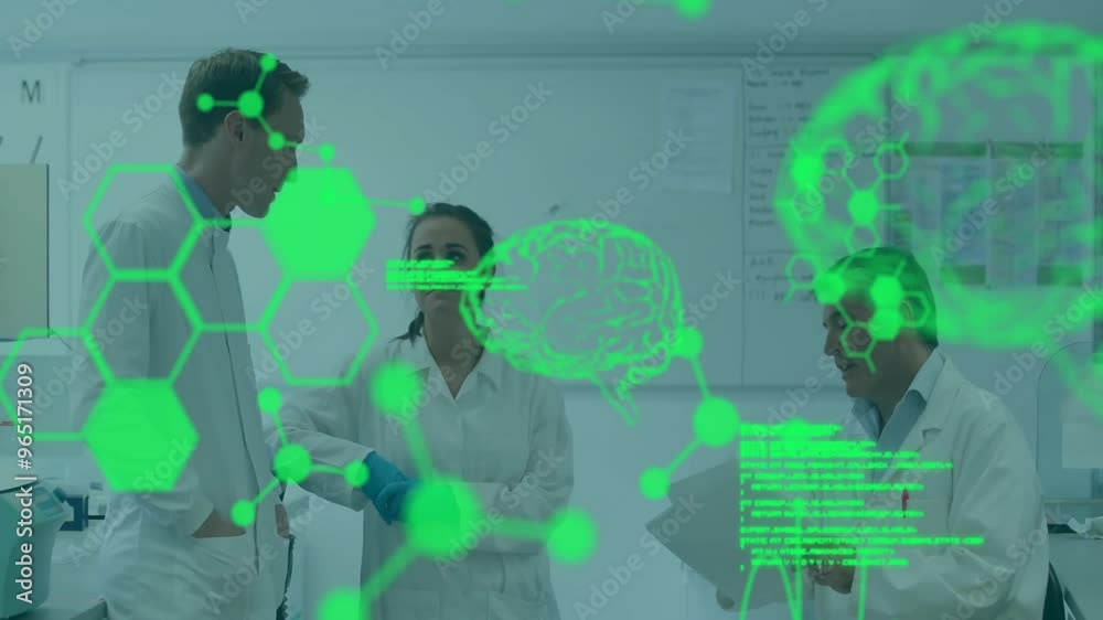 Poster animation of digital brain with molecules and data processing over diverse scientists working in lab