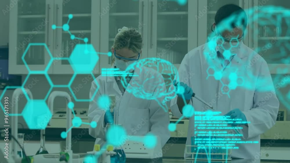 Poster animation of digital brain with molecules and data processing over diverse scientists working in lab