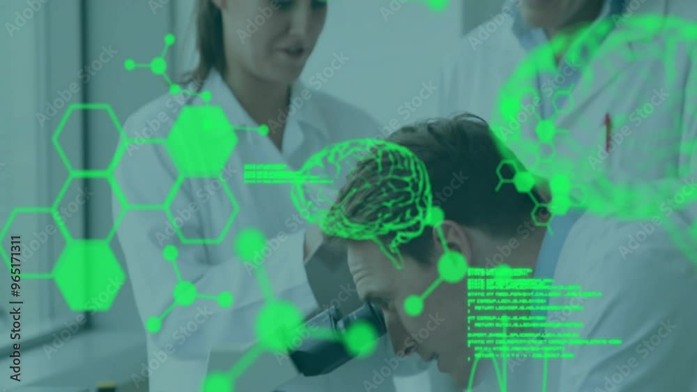 Poster animation of digital brain with molecules and data processing over diverse scientists working in lab