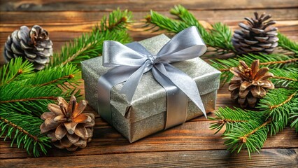 A wrapped gift box adorned with a shimmering silver bow, placed on a rustic wooden table, surrounded by scattered pinecones and evergreen leaves.