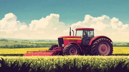 Obraz premium Red Tractor in a Field