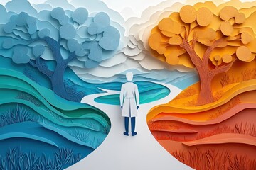 Paper cut style of a doctor standing at the crossroads between a healthy and unhealthy path, symbolizing choices in healthcare and well-being.