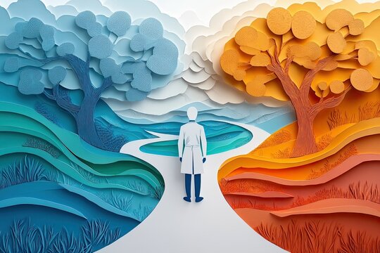 Paper cut style of a doctor standing at the crossroads between a healthy and unhealthy path, symbolizing choices in healthcare and well-being.