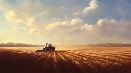 Naklejka premium Red Tractor in a Field