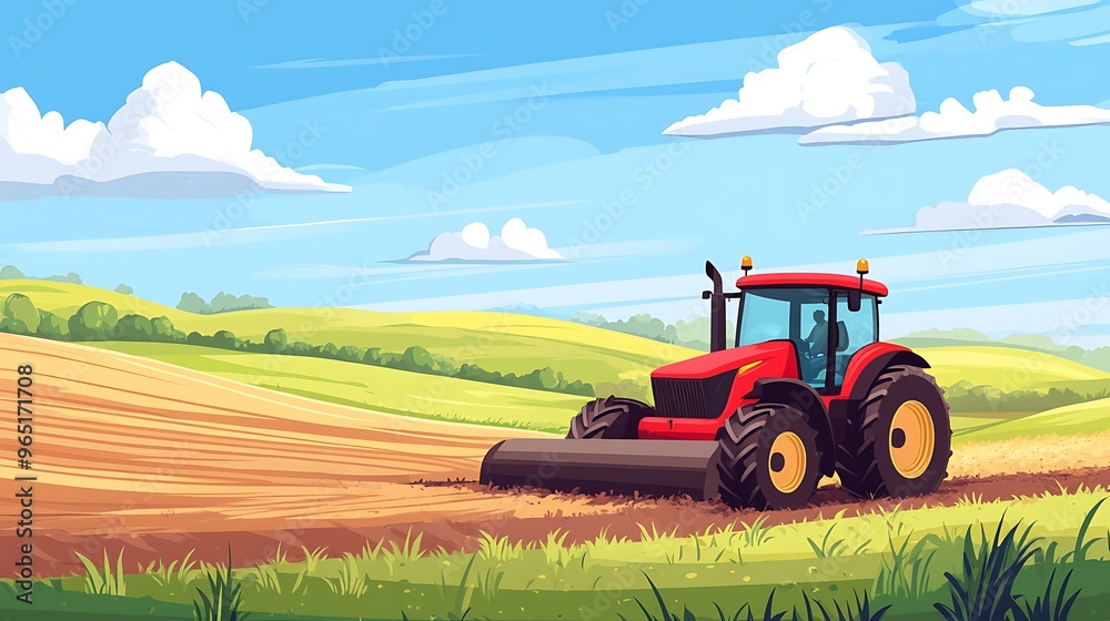 Wall mural Red Tractor in a Field