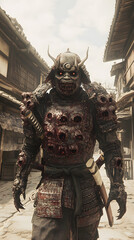 A samurai wearing menacing armor made from oni material, with a helmet, walking through an Edo period town during bright daylight