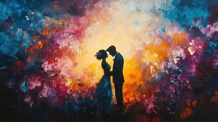 Wedding in surreal style, dreamlike elements, whimsical shapes, vibrant colors, abstract forms, imaginative and magical atmosphere.
