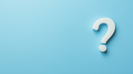 A prominent white question mark stands out against a soft blue background, creating an ideal area for additional text or design elements on the right, copy space