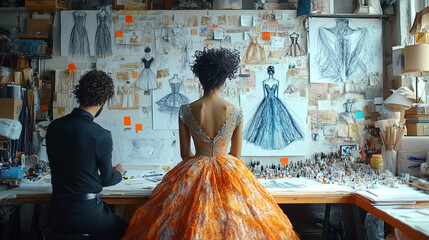 A designer collaborates with a model in a creative studio, surrounded by fashion sketches and vibrant dress materials.