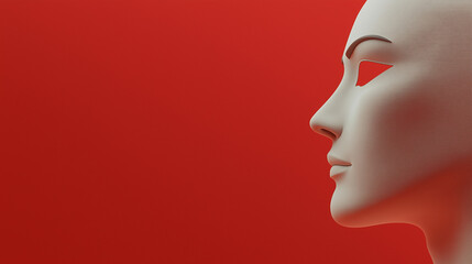 A smooth, elegant mannequin head in profile is set against a bright red background, providing an effective visual space for creative text or branding ideas, copy space