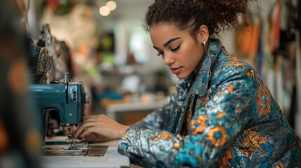 A focused woman sewing fabric with a vintage sewing machine, showcasing creativity and craftsmanship in a vibrant workspace.