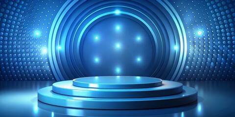 Blue Circular Platform with Glowing Lights, 3D Render, Abstract, Stage , Podium, Design
