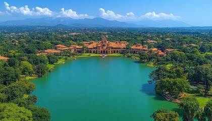 Fototapeta premium Aerial view of a grand estate. The photo is perfect for depicting wealth, luxury, and tropical living.