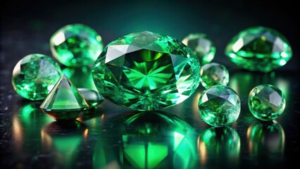 Fototapeta premium Vibrant green emeralds with unique inclusions and reflections on a dark background, emerald, gemstone, precious, green, jewelry