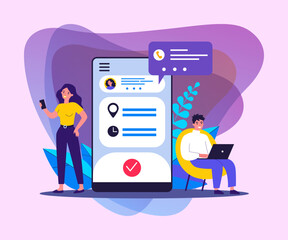 People using appointment business application. Man and woman planning meeting with online app. Vector illustration for internet technology, mobile calendar concept