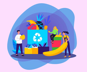 People putting organic food into eco friendly bag with recycling sign. Shoppers with fresh fruits and plastic cup. Vector illustration for sustainable development, zero waste, reuse concept