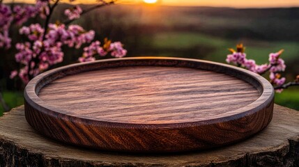 Fototapeta premium Wooden round plate on a tree stump. Perfect for showcasing products or food in a natural setting.